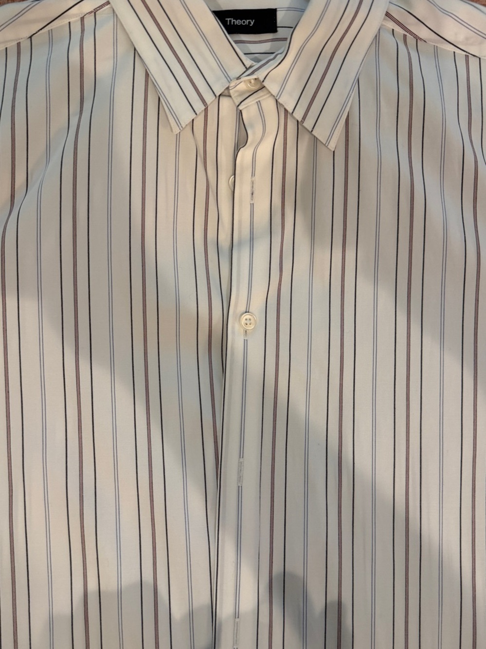 Theory Men's Ivory Dress Shirt with Brown and Navy Pinstripes